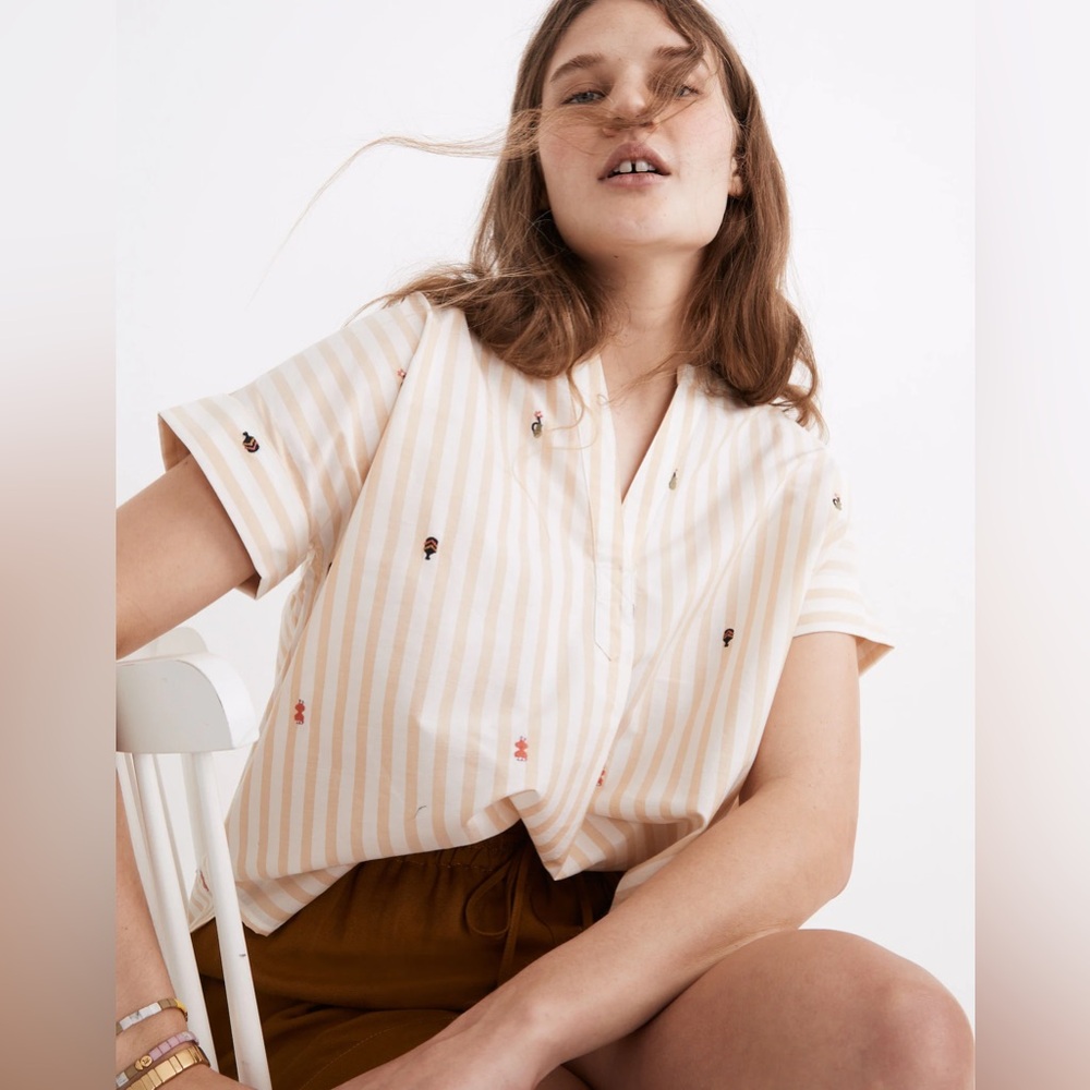 Madewell Embroidered Lakeline Popover Cotton Shirt in Stripe Autumn Gold size M